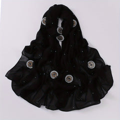 Faux Pearl Chiffon Hijab Scarf Solid Shawl Head Wrap Turban for Women