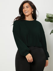 Ribbed Lantern Sleeve Crop Knit Top