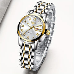 LIGE Golden Watch Ladies Steel Bracelet Waterproof Clock