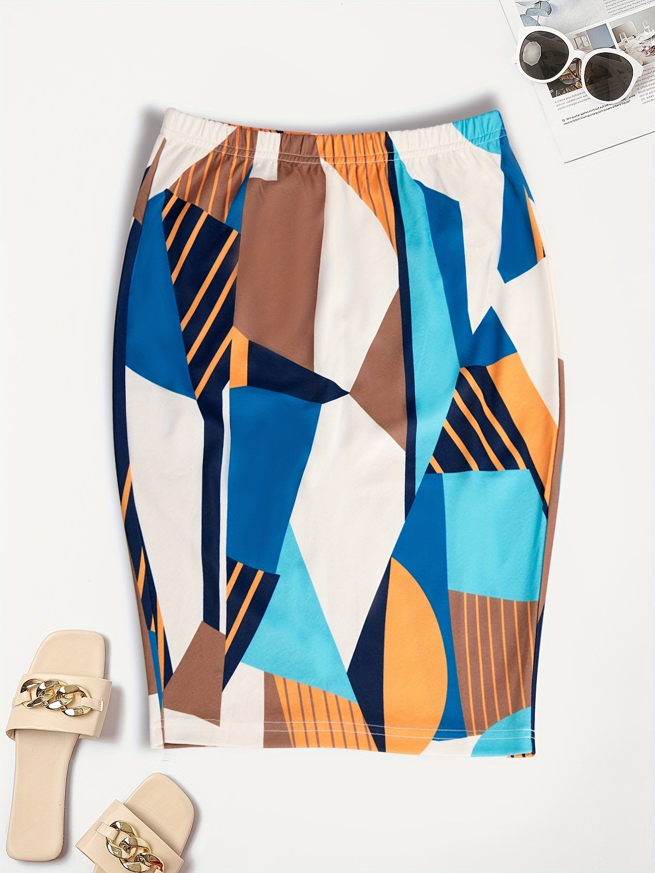 Colorblock Geometric Print Midi Skirt