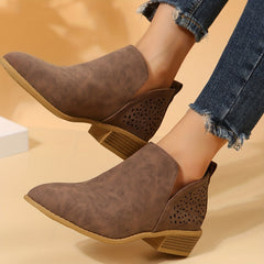 Women's Back Hollow Out Point Toe Chunky Heel Short Boots Slip On Ankle Boots