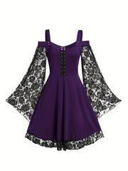 Gothic Dress Contrast Lace Grommet Lace Up Cold Shoulder