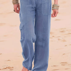 Solid Elastic Waist Loose Cargo Pants