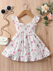 Girls Fly Sleeve Ruffled Dress, Ditsy Print