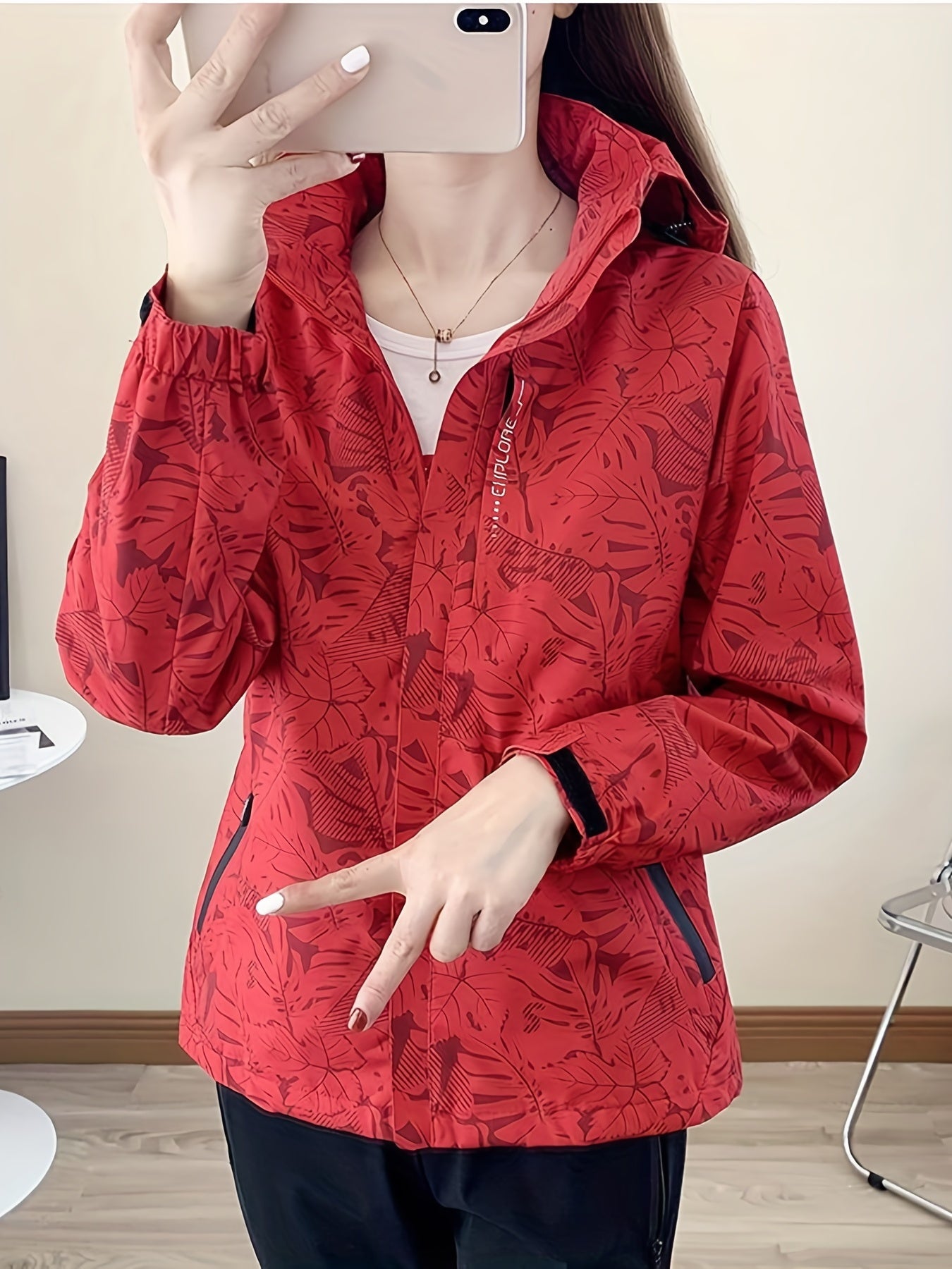 Leaf Print Outdoor Jacket With Removable Hood Women's Windproof