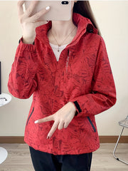 Leaf Print Outdoor Jacket With Removable Hood Women's Windproof