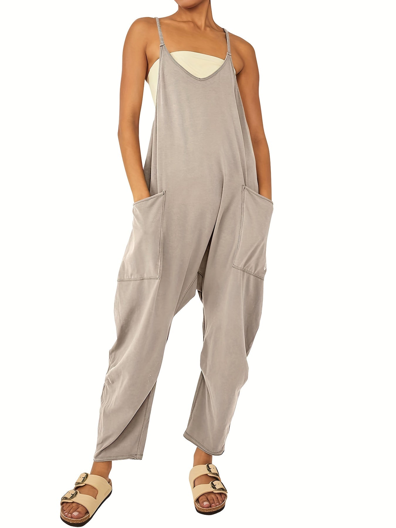 Solid Spaghetti Jumpsuit Vacation Sleeveless Zipper Jumpsuit