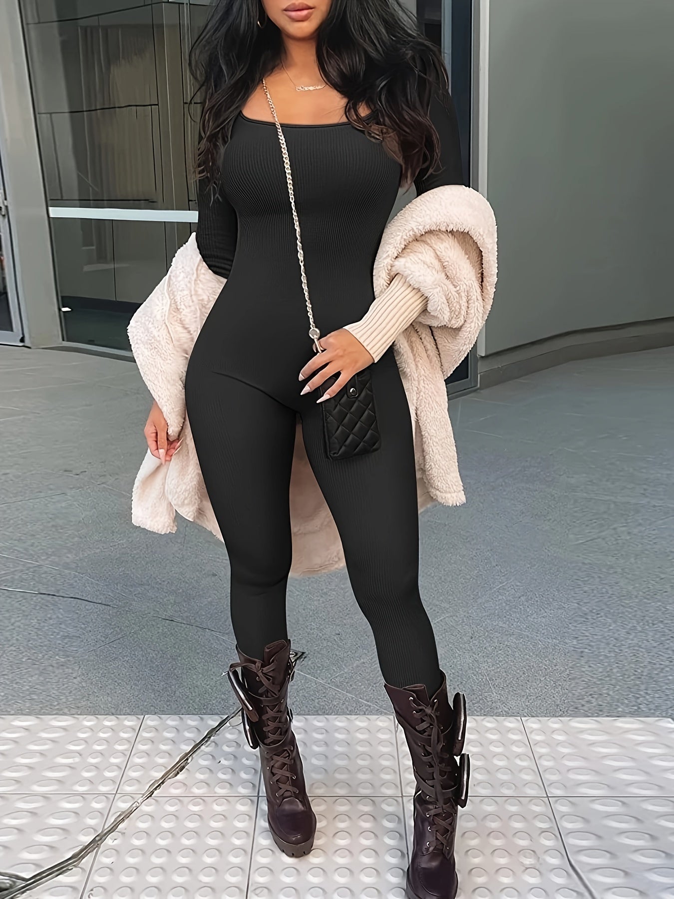 Long Sleeve Yoga Bodysuit Square Neck Jumpsuit
