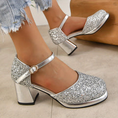 Glitter Sequins Block Heels Buckle Strap Dress Pumps