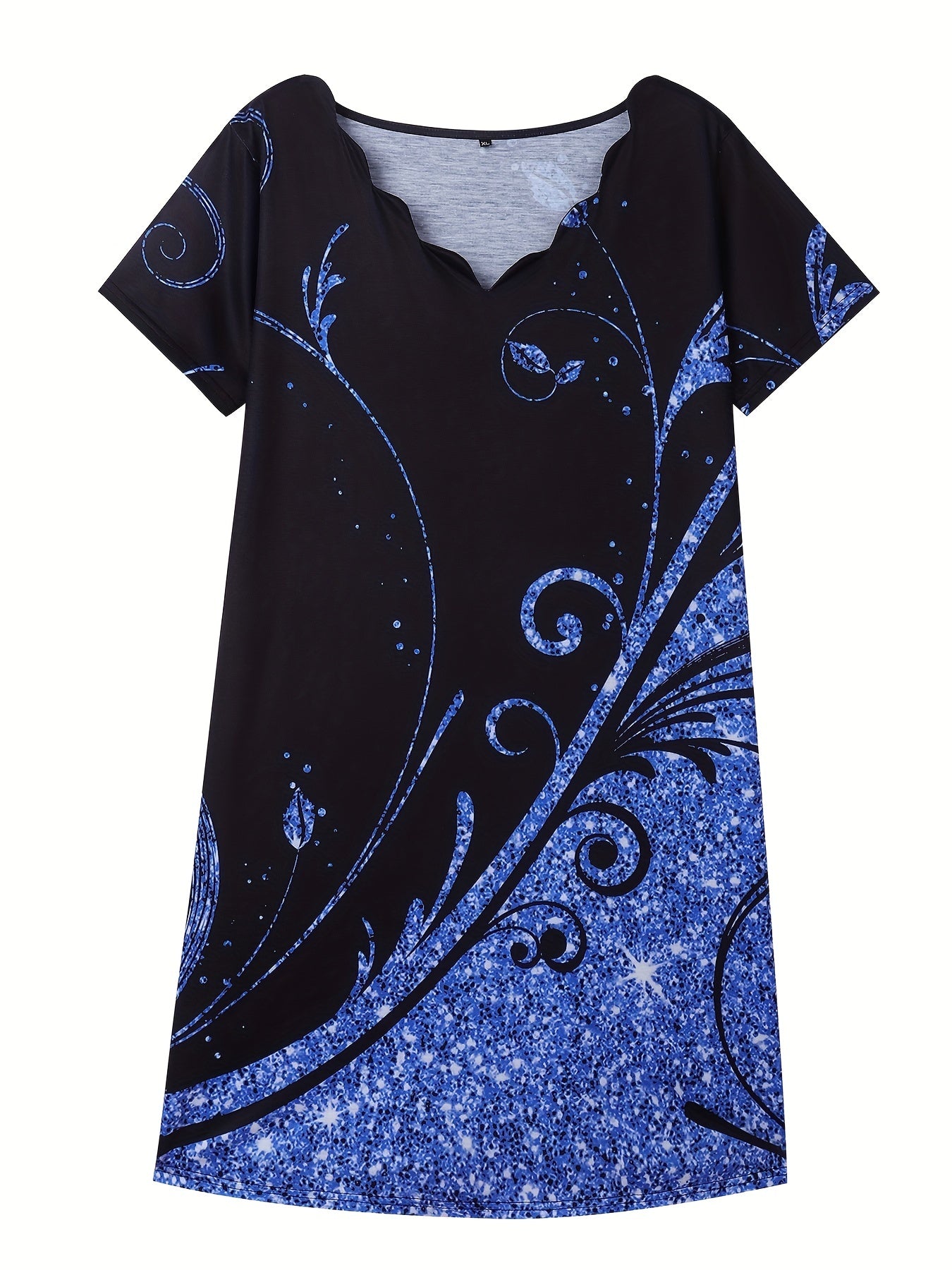 Plus Glitter Baroque Print V Neck Scallop Trim Dress
