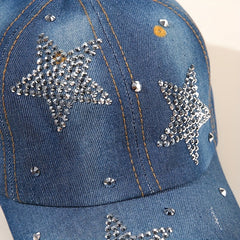 Distressed Denim Baseball Cap with Pentagram Rhinestone