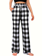 Colorblock Plaid Lounge Pants Drawstring Lace Up Womens Loungewear