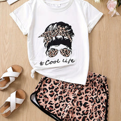 2pcs Toddler Girls Figure & Letter T-Shirts & Leopard Shorts Set