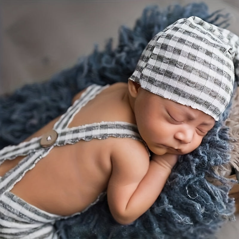 Newborn Photography Outfit Set Strap Pants Cap Outfit with Long Tail Hat