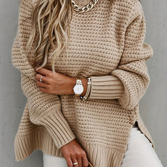Chunky Knit Mock Neck Sweater Split Pullover for Fall & Winter Women's Clothing