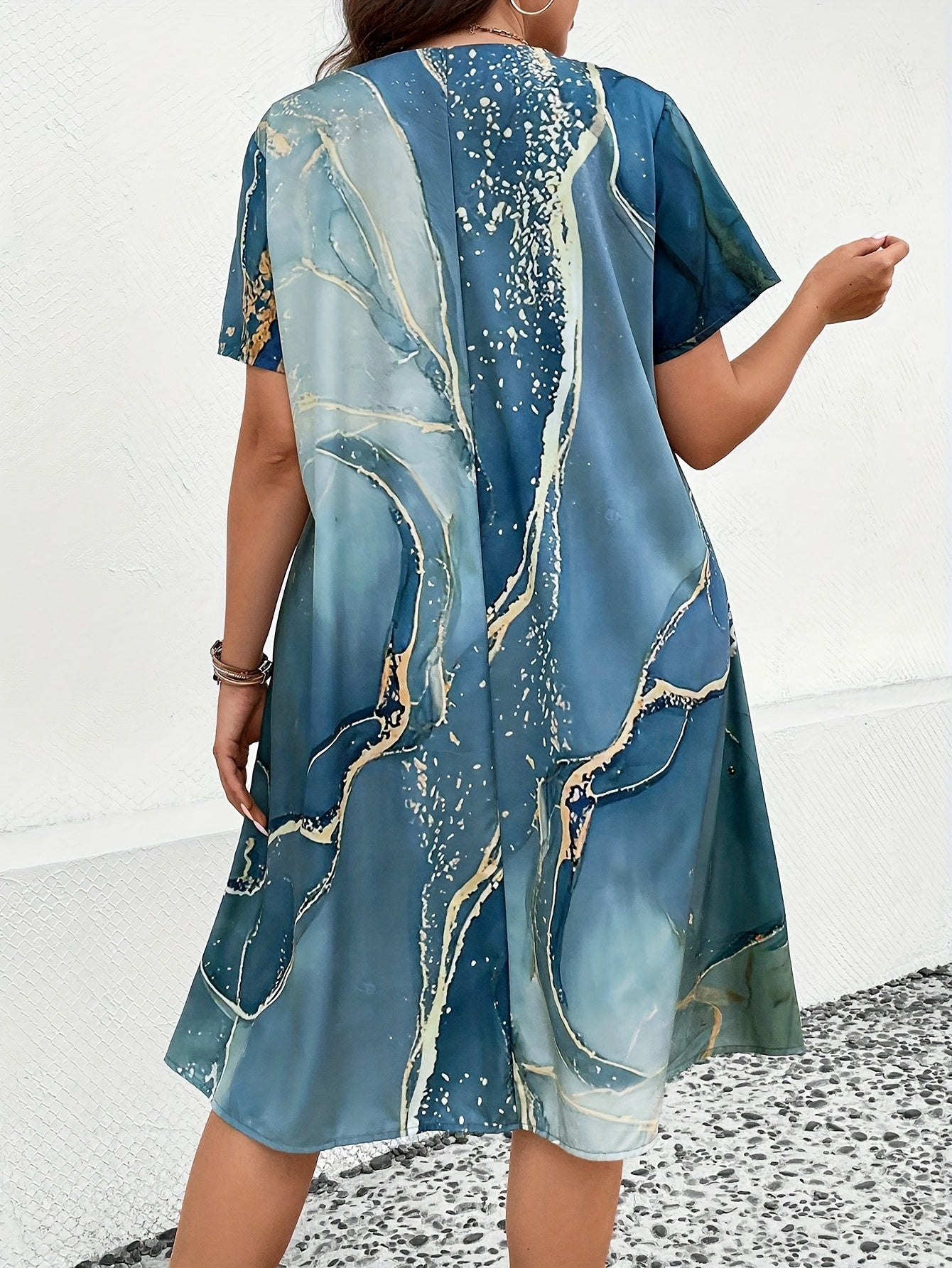 Women's Plus Marble Print V Neck Loose Fit Knee Dress
