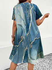 Women's Plus Marble Print V Neck Loose Fit Knee Dress