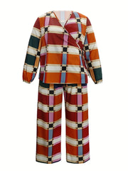 Women's Plus Colorful Plaid Print Lantern Sleeve Knot Side Wrap Top & Pants Set