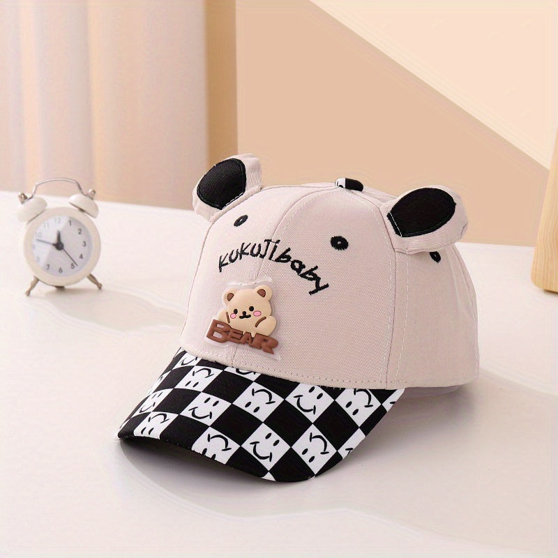 Kids Cartoon Bear Baseball Cap with Plaid Pattern for Outdoor Play
