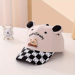 Kids Cartoon Bear Baseball Cap with Plaid Pattern for Outdoor Play