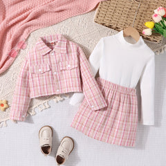 Girl's Tweed 3pc Outfit Button Front Jacket, Top, Skirt Set