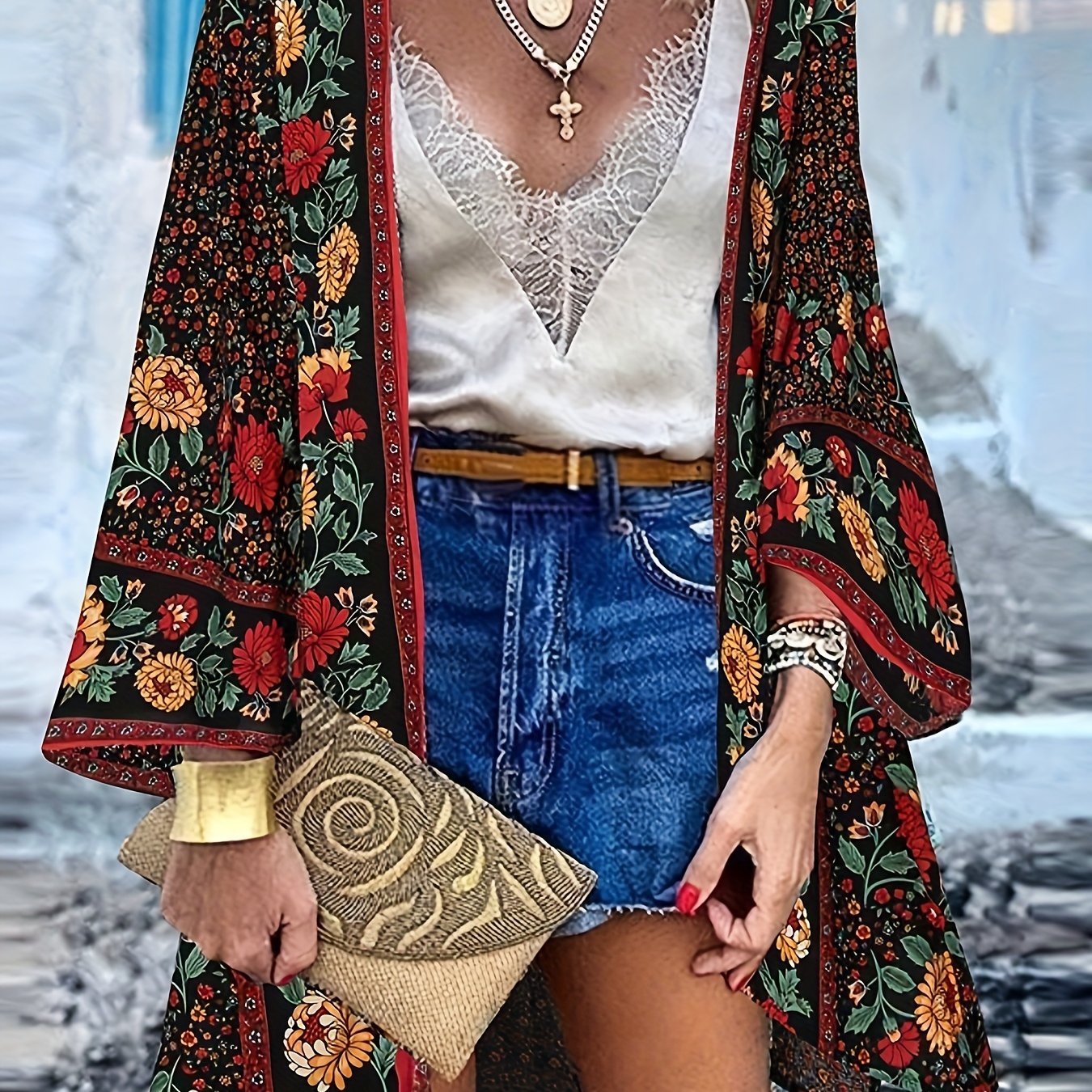 Boho Floral Cardigan Open Front Long Sleeve