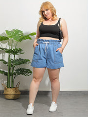 High Rise Drawstring Denim Shorts With Pockets