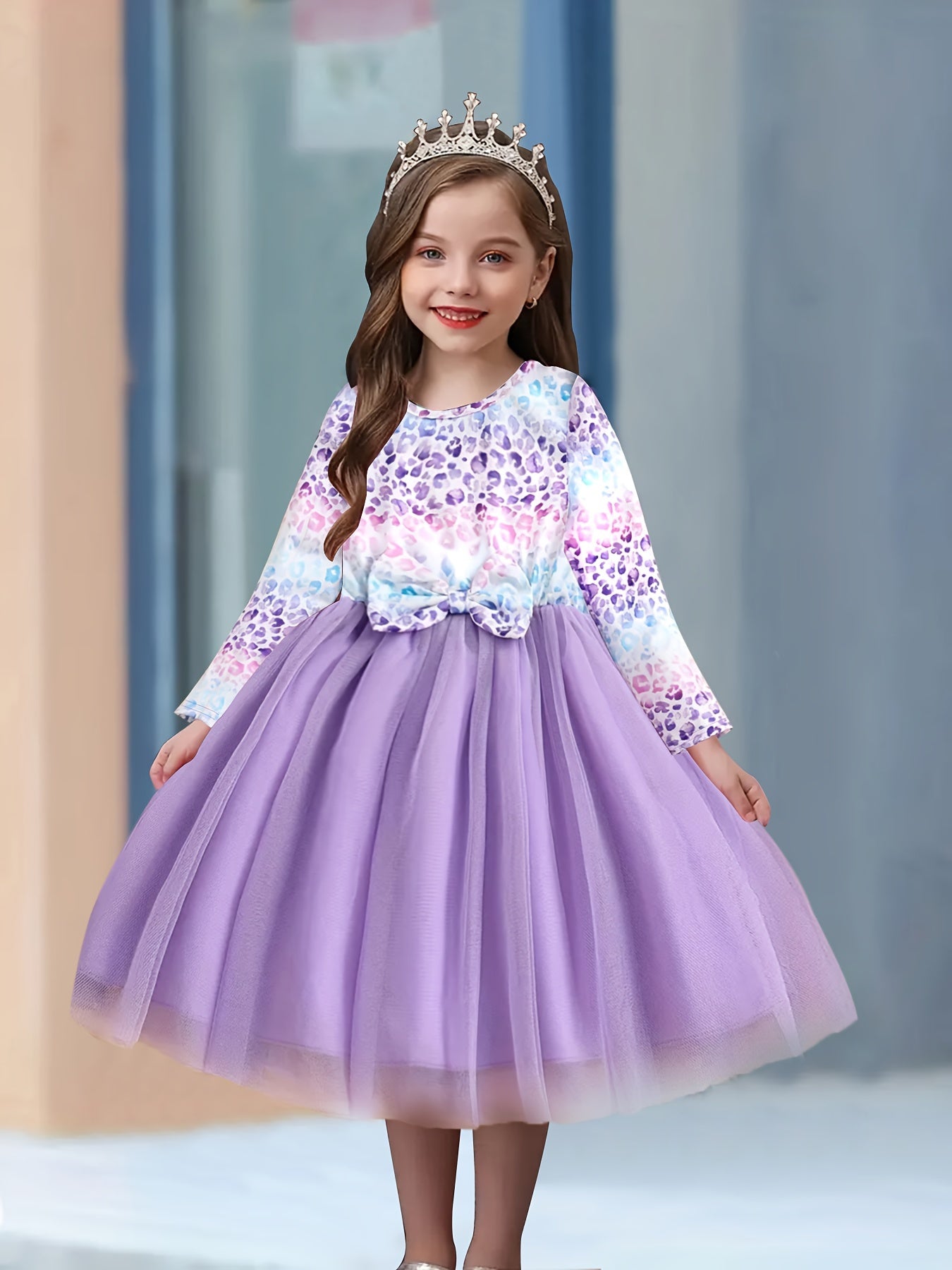 Leopard Print Flutter Trim Long Sleeve Tutu Dress