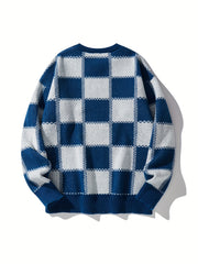 Men's Checkerboard Knitted Sweater for Fall and Winter