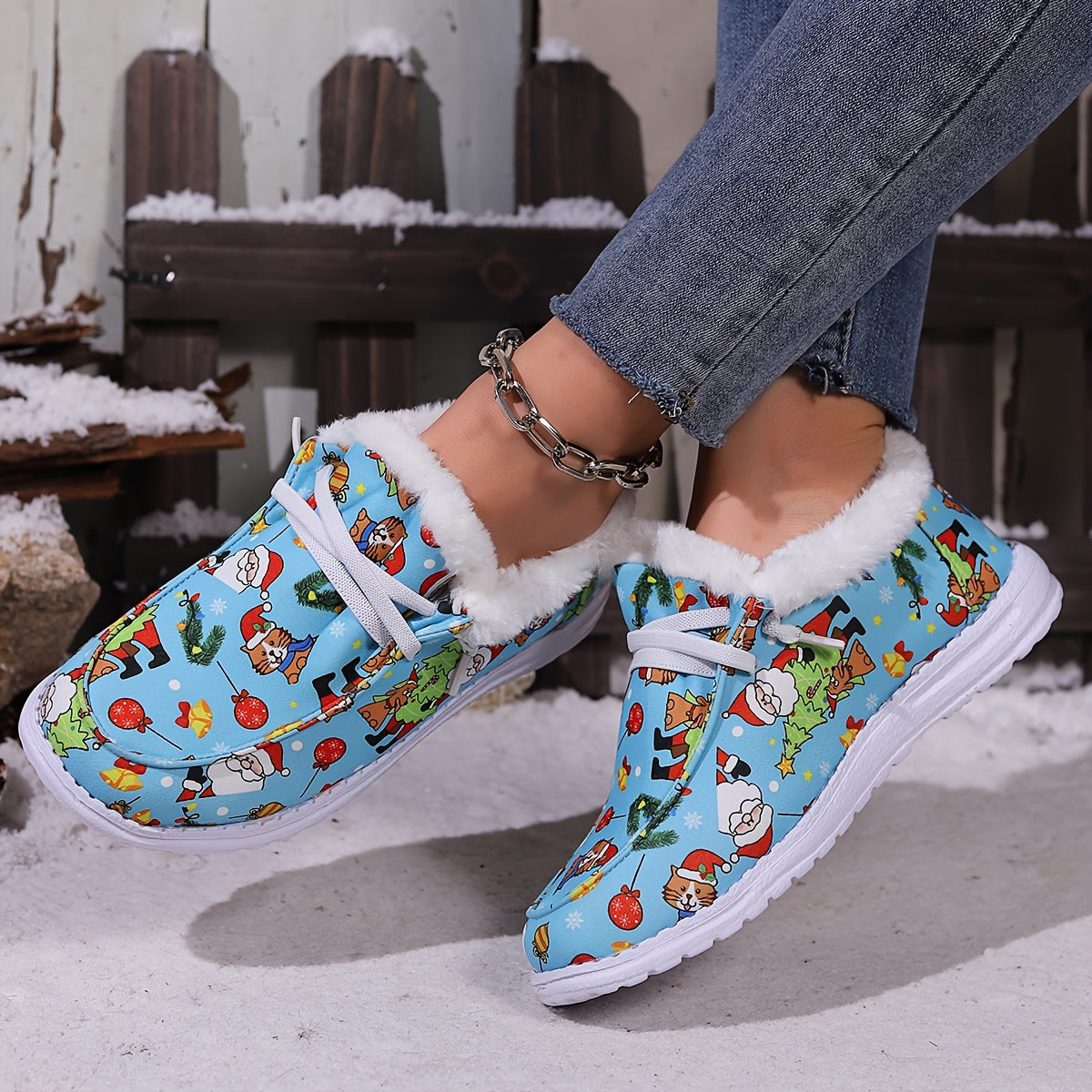 Christmas Snow Boots Santa Claus Kitten Pattern Plush Comfort Flats
