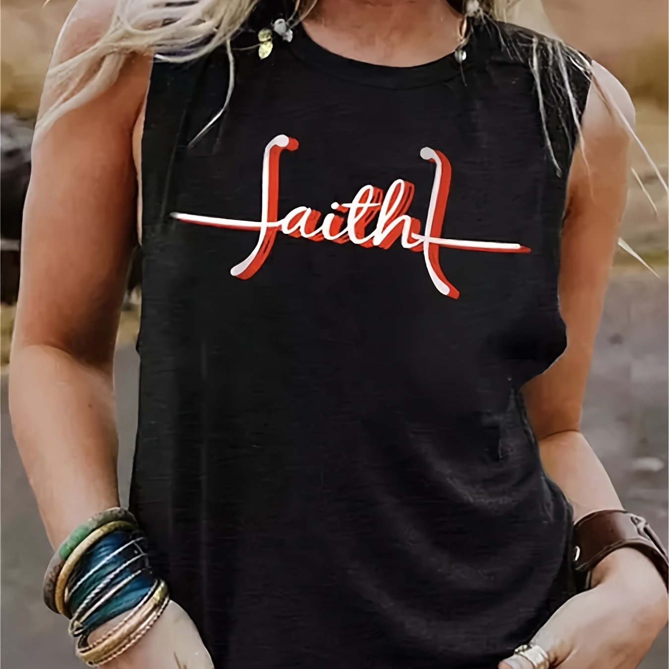 Faith Letter Print Tank Top Crew Neck Sleeveless Summer Tank Top