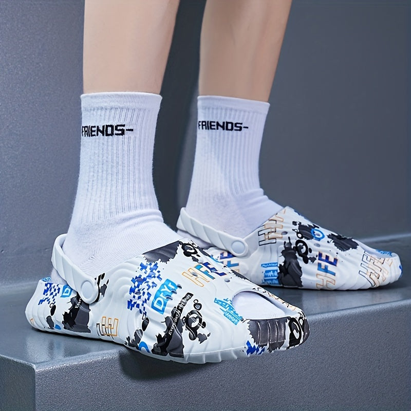 Men's Letter Print Non Slip Sandals Quick Drying Comfy Slides Beach Shoes