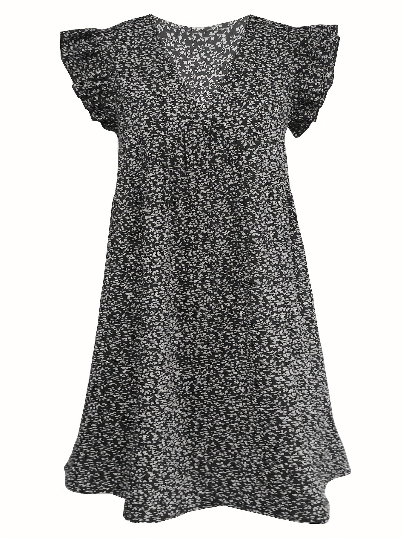 Ditsy Print Ruffle Sleeve V Neck Dress