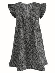 Ditsy Print Ruffle Sleeve V Neck Dress