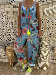 Plant Print Tie Front Jumpsuit Tank Jumpsuit For Spring & Summer