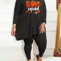 Women's Plus Halloween Pajama Set Ghost & Pumpkin Print Tee & Leggings Two Piece