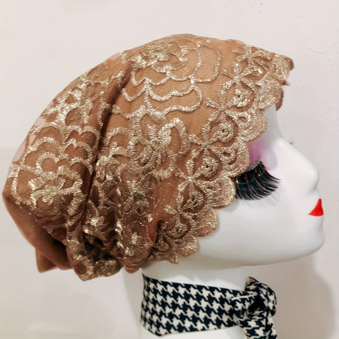 Vintage Embroidered Lace Turban Cap Double Layer Head Wrap