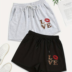 2 Pack Plus Size Casual Shorts Women's Plus Leopard & Kiss Print Drawstring Shor