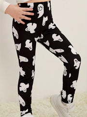 Girls Halloween Ghost Print Legging Pants, Ankle Length