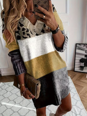 Colorblock Leopard V-Neck Sweater Dress