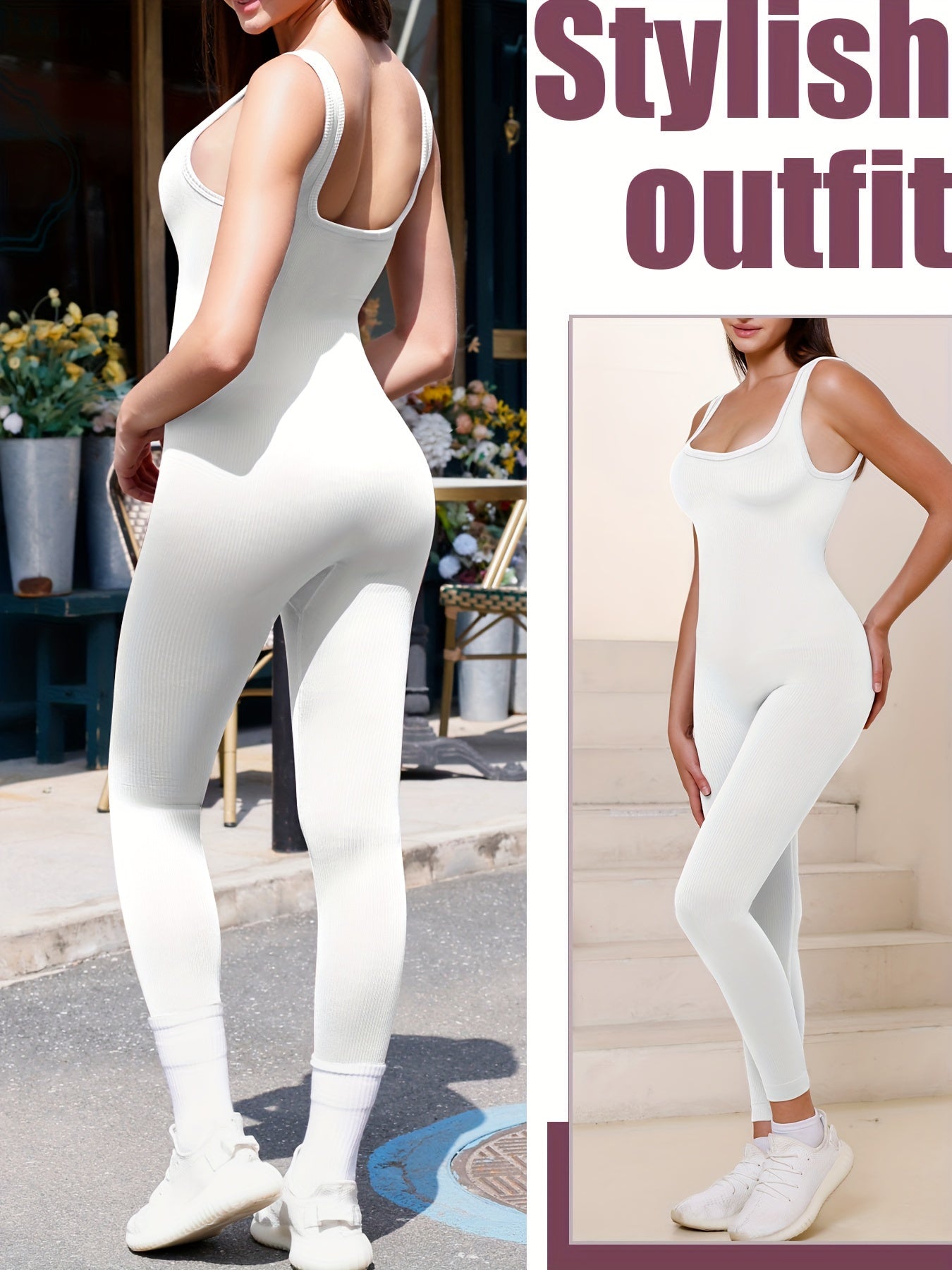 Women's Ribbed Sleeveless Jumpsuit Solid Yoga Activewear