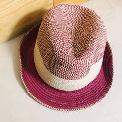 Rose Red Rolled Brim Fedora Cap Vintage Jazz Straw Hat Casual Block Top Hat