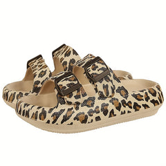 Leopard Print Slides Soft Sole Double Buckle Strap Bathroom Shoes