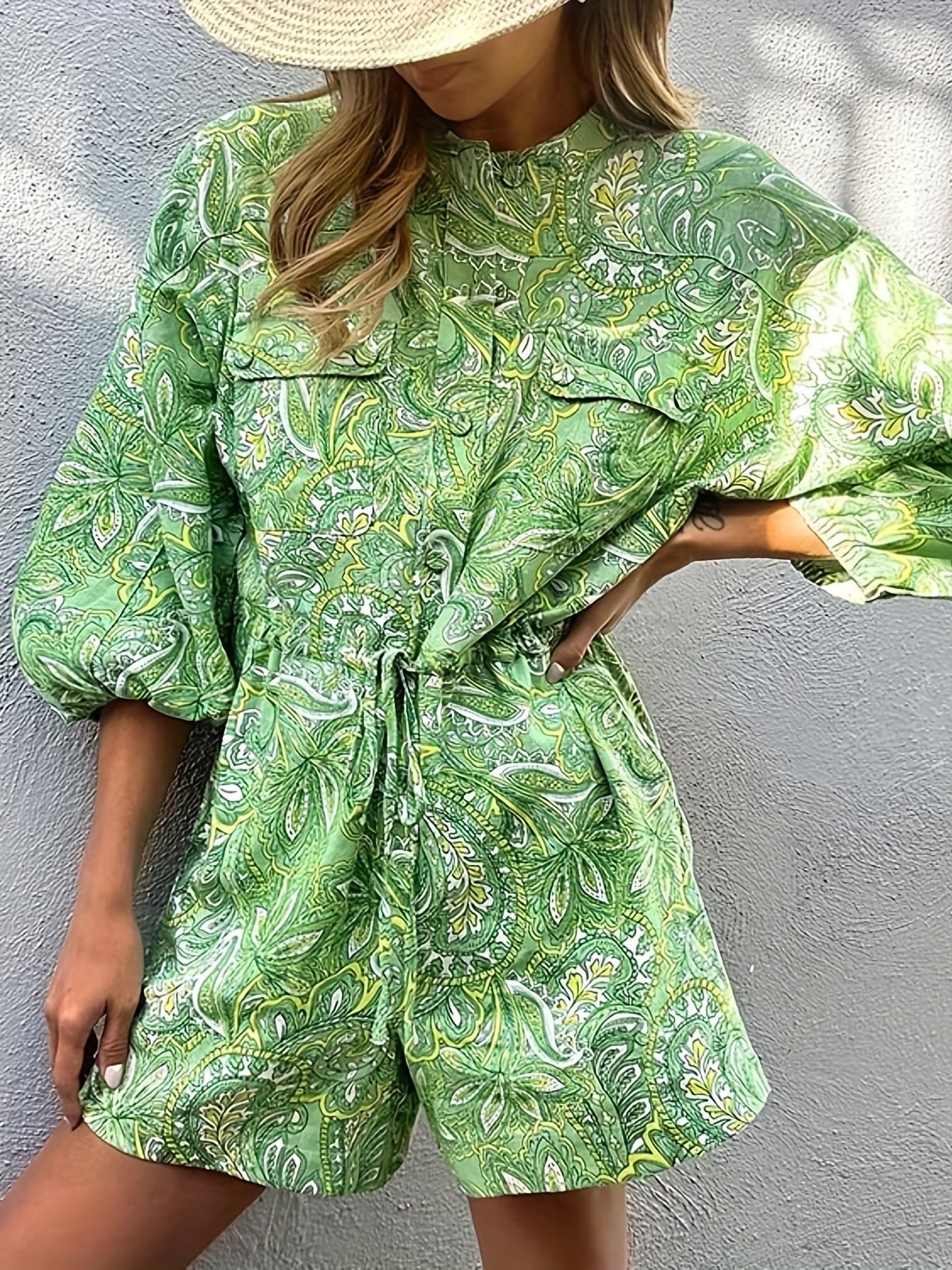 Paisley Floral Print Lantern Sleeve Romper