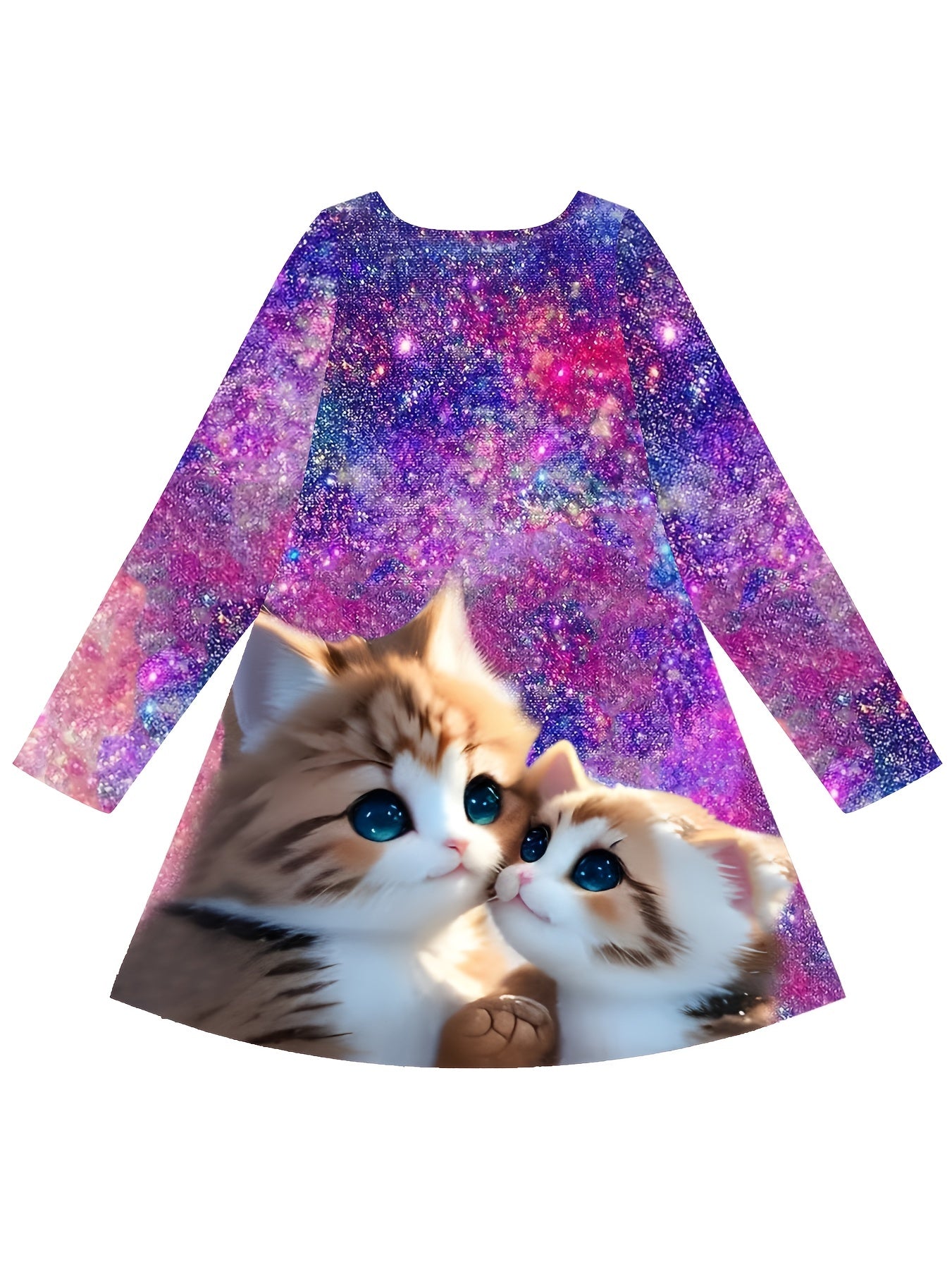 Girls Dreamy Kitty & Starry Sky Graphic Crew Neck Long Sleeve Dress