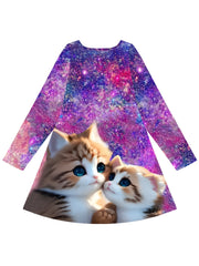 Girls Dreamy Kitty & Starry Sky Graphic Crew Neck Long Sleeve Dress