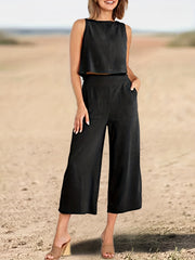 Casual Crop Tank Top & Wide Leg Pants 2-Piece Set