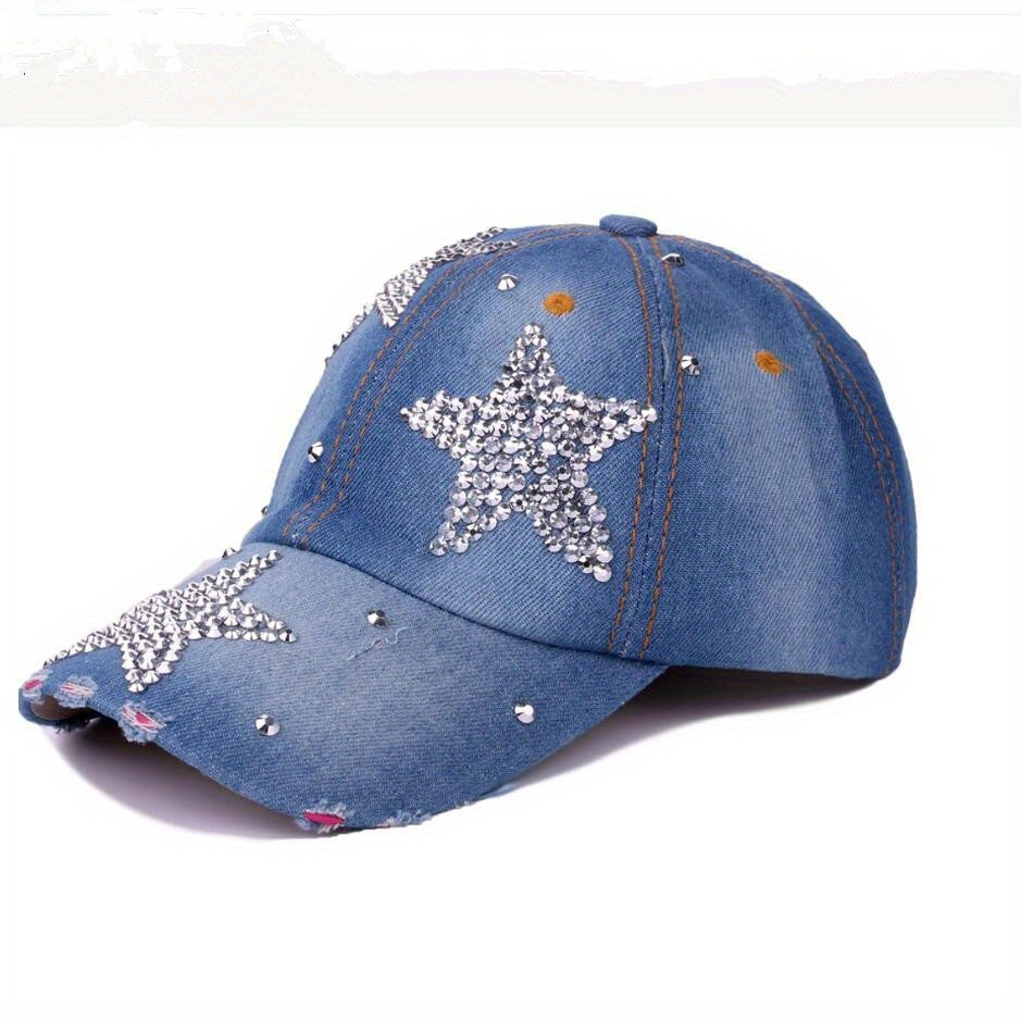 Rhinestone Pentagram Baseball Cap Ripped Distressed Cotton Dad Hat