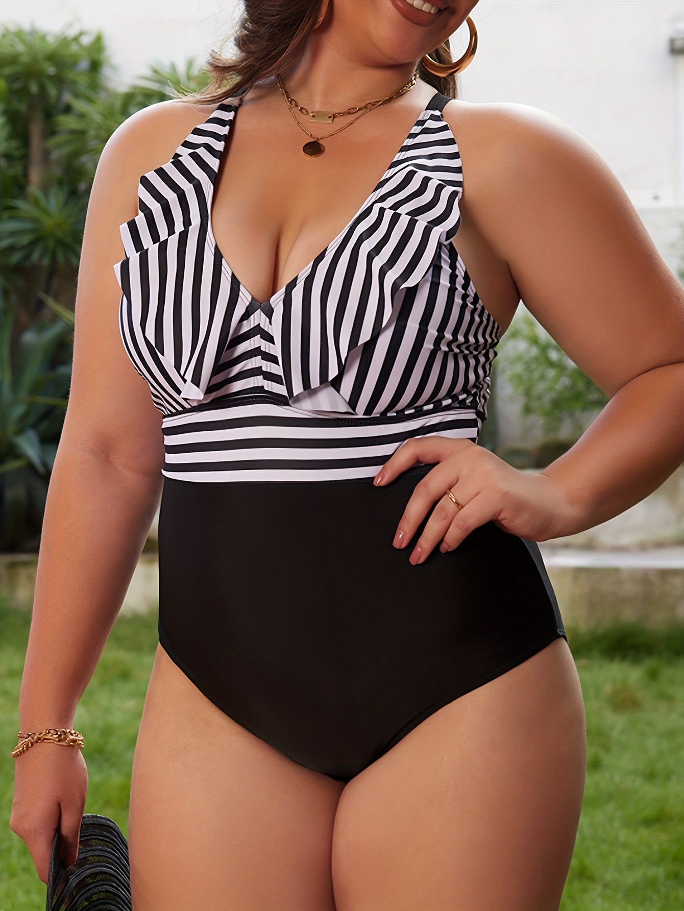 Stripe Print Ruffle Trim One Piece Swimsuit
