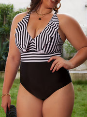 Stripe Print Ruffle Trim One Piece Swimsuit